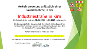 Sperrungshinweis Industriestrasse Kirn